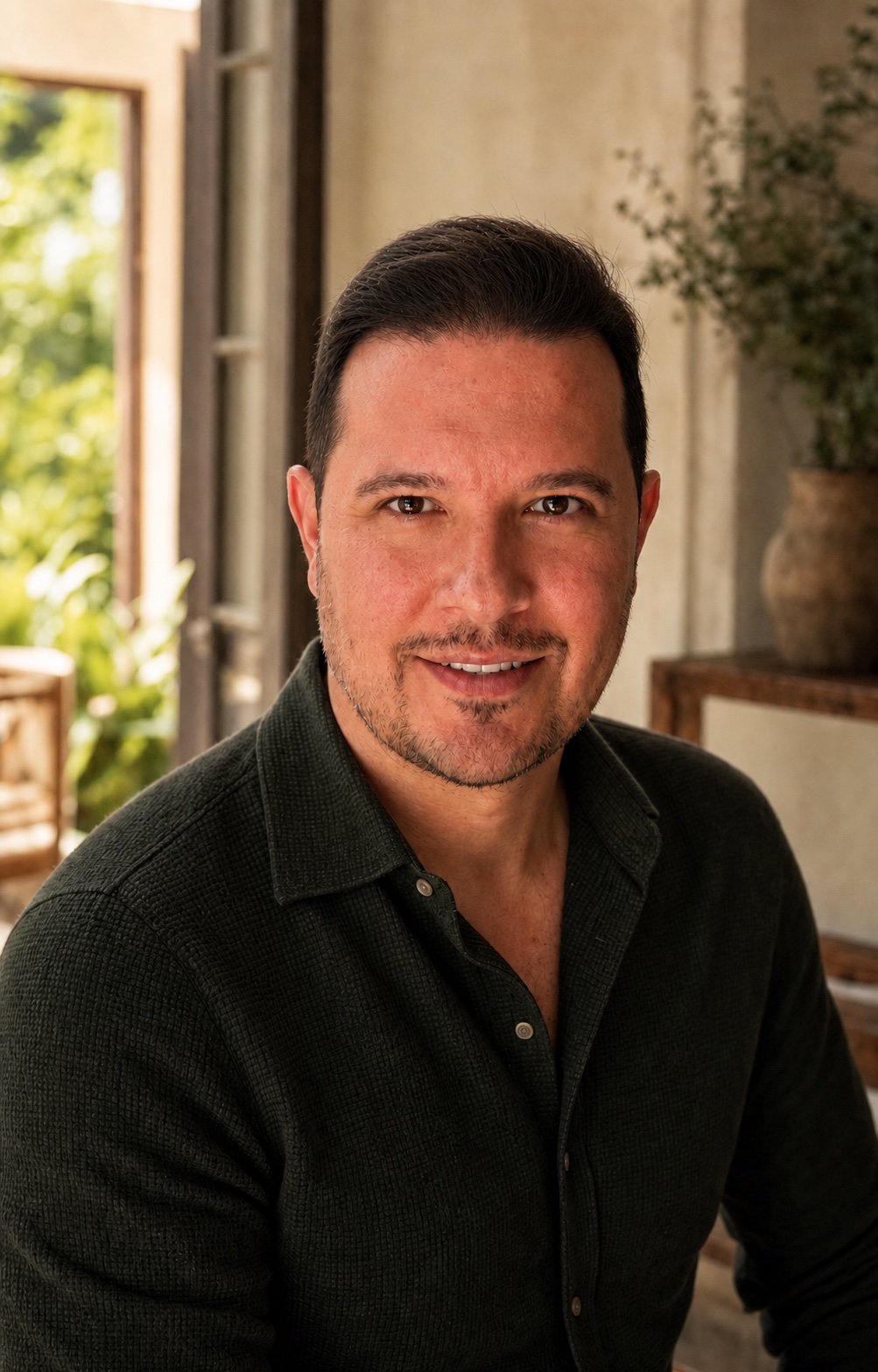 Rodrigo Kluska, autor da Humanidade Retratada, diante de uma abertura iluminada.